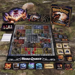 Game System and components HeroQuest First Light components arranged around the gameboard