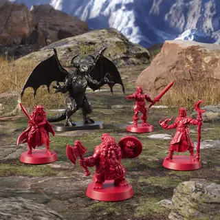Four Heroes and dragon miniature HeroQuest First Light Hero and dragon miniatures