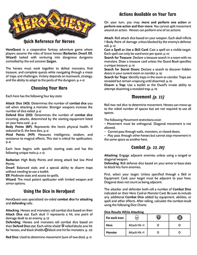 HeroQuest Quick Reference for Hero Players