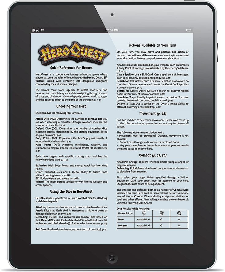 HeroQuest Quick Reference for Hero Players